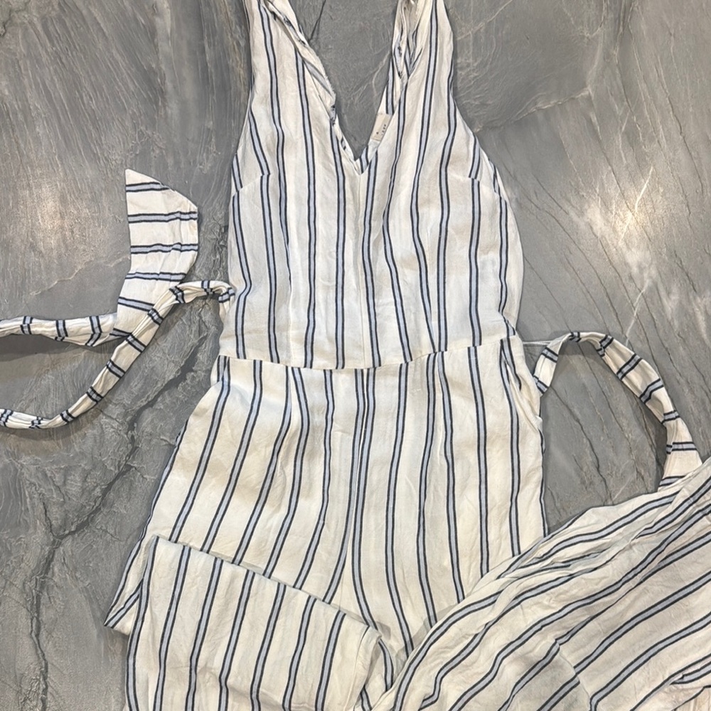 a new day White and Blue Nautical Striped Jumpsuit